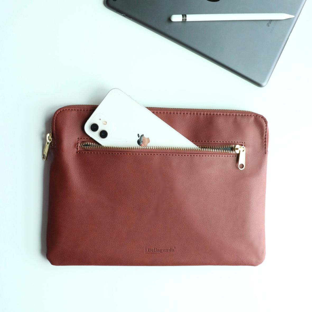 Back pocket design of leather iPad sleeve for extra storage