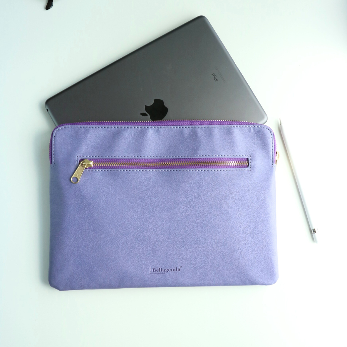 Back of personalized tablet sleeve showing sleek stitching and pocket