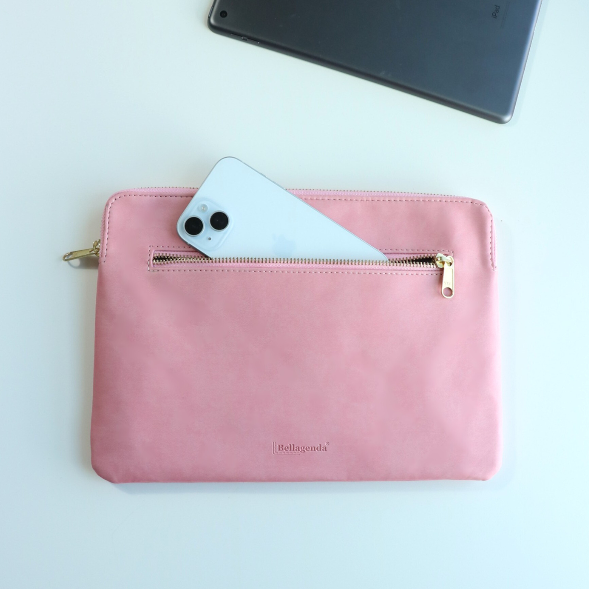 Back pocket design of leather iPad sleeve for extra storage