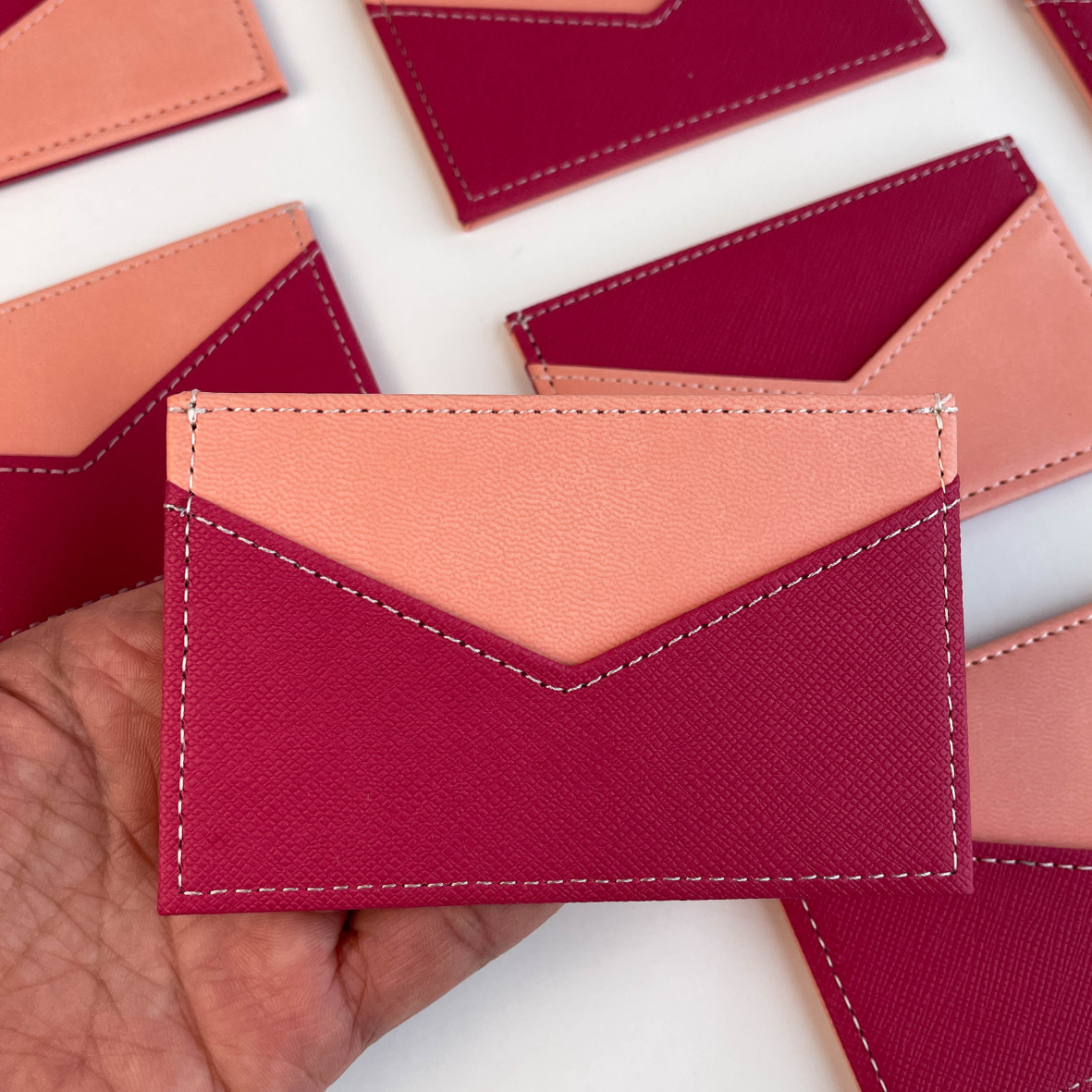 Slim Leather Card Holder in pink, sleek minimalist wallet with RFID protection
